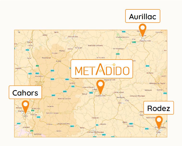 Carte de la situation géographique de Metadido, à équidistance de Rodez, Cahors et Aurillac.